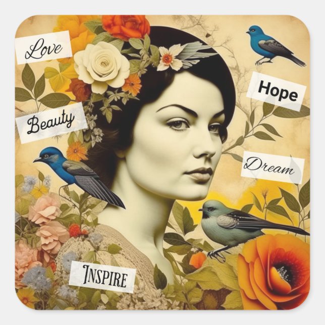 Hope, Love, Beauty, Dream Vintage Lady Square Sticker (Front)