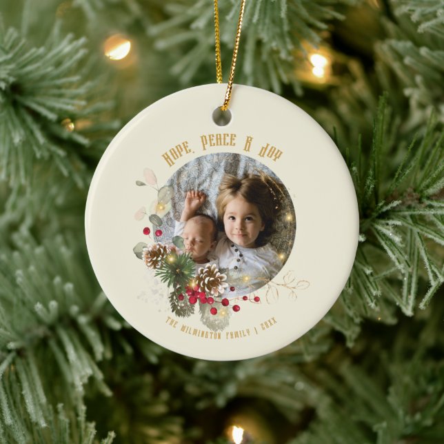 Hope, Peace, Joy Gold Red Holly Photo Keepsake Ceramic Ornament (Tree)