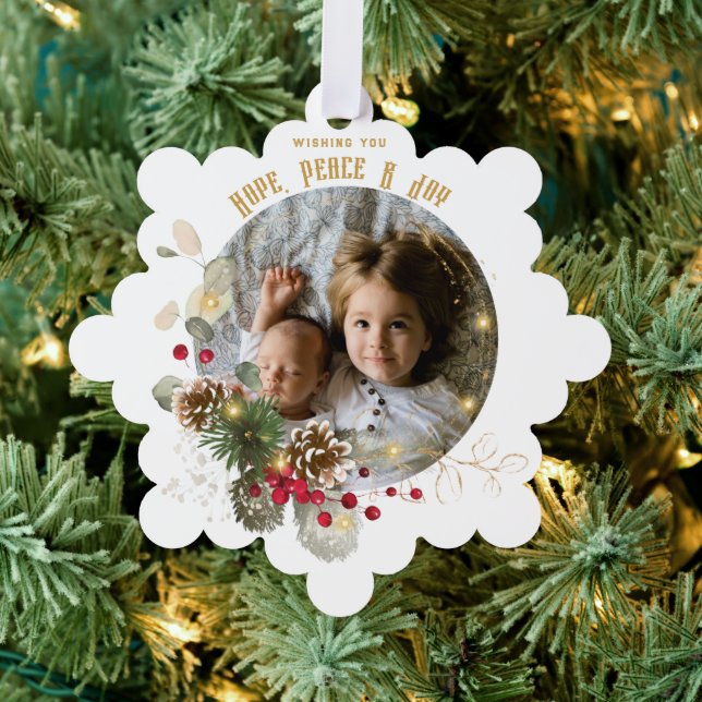 Hope, Peace, Joy Gold Red Holly Photo Keepsake Ornament Card (Insitu (Tree))