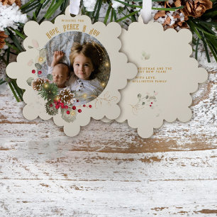 Hope, Peace, Joy Gold Red Holly Photo Keepsake Ornament Card