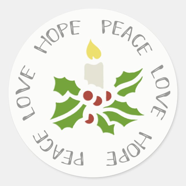 Hope, Peace, Love Minimalist Holly and Candle Classic Round Sticker (Front)