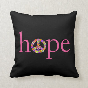 Hope & Peace Sign Floral on Black Throw Pillow
