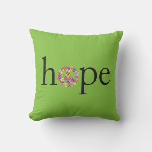 Hope & Peace Sign Floral on Lime Green Outdoor Pillow