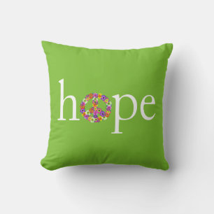 Hope & Peace Sign Floral on Lime Green Throw Pillow