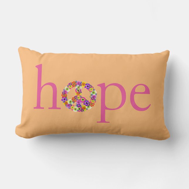 Hope & Peace Sign Floral on Peach Lumbar Pillow (Front)