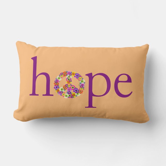 Hope & Peace Sign Floral on Peach Lumbar Pillow (Front)