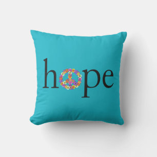 Hope & Peace Sign Floral on Turquoise Throw Pillow