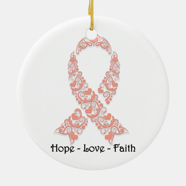 Hope Peach Awareness Ribbon Ceramic Ornament (Back)
