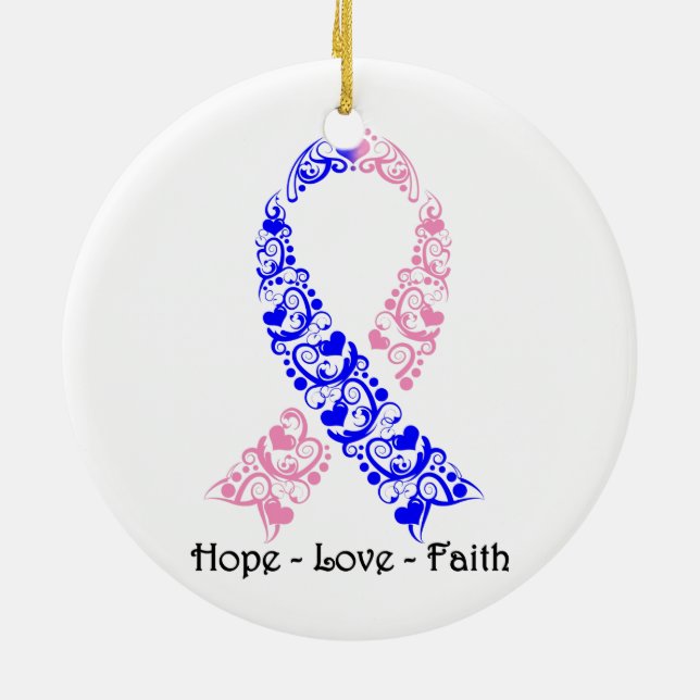 Hope Pink and Blue Awareness Ribbon Ceramic Ornament (Back)