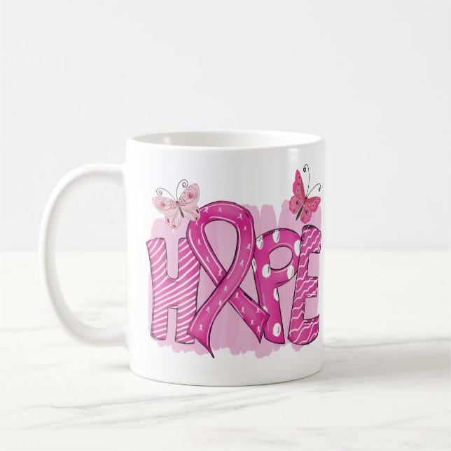HOPE Pink Ribbon Butterfly Warrior  Breast Cancer Coffee Mug (Left)