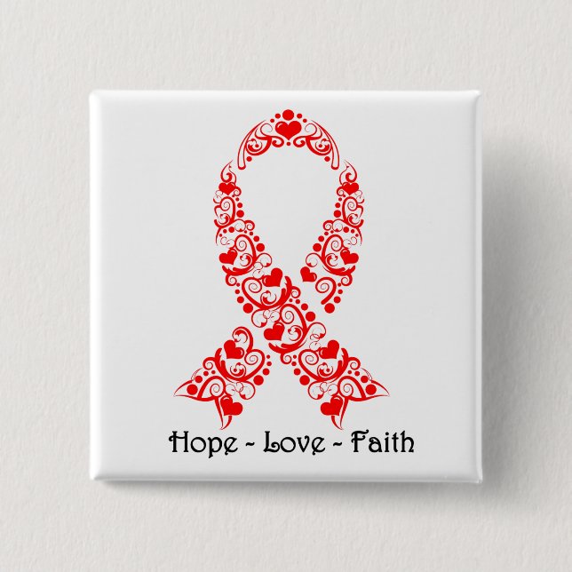 Hope Red Awareness Ribbon 2 Inch Square Button (Front)