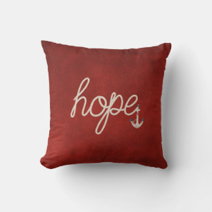 Hope rope text with anchor on red throw pillow