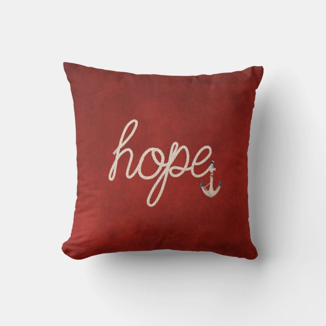Hope rope text with anchor on red throw pillow (Front)