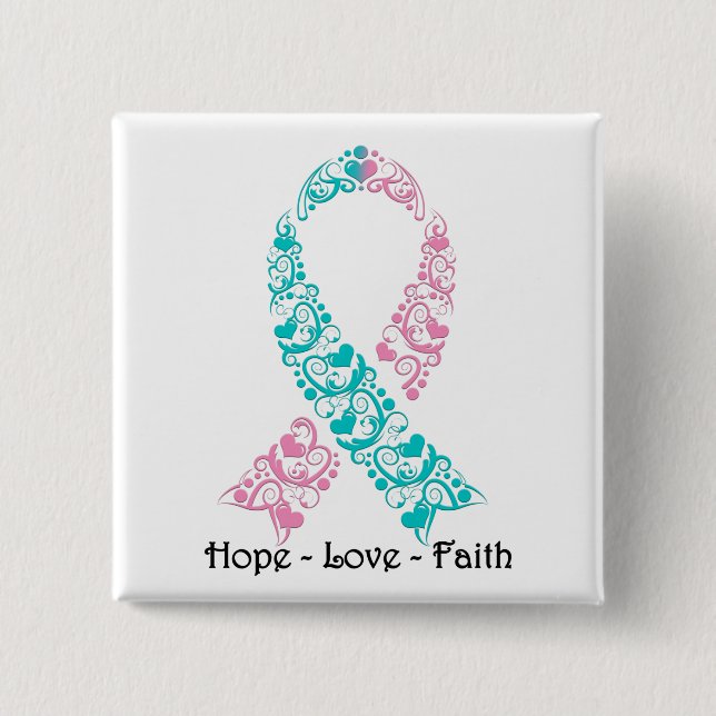 Hope Teal and Pink Awareness Ribbon 2 Inch Square Button (Front)