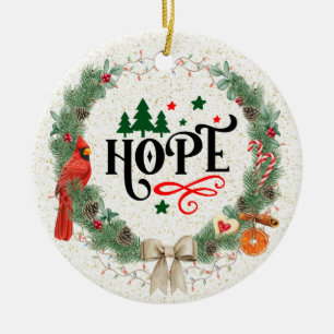 Hope word with Christmas Wreath with ribbon Ceramic Ornament