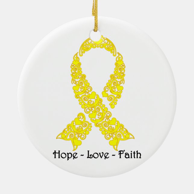Hope Yellow Awareness Ribbon Ceramic Ornament (Back)