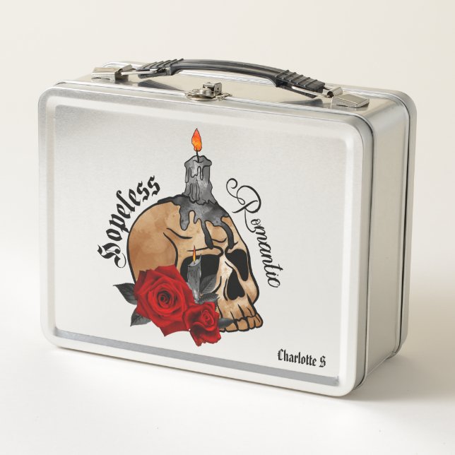 Hopeless Romantic – Gothic Skull, Red Rose Metal Lunch Box (Front)