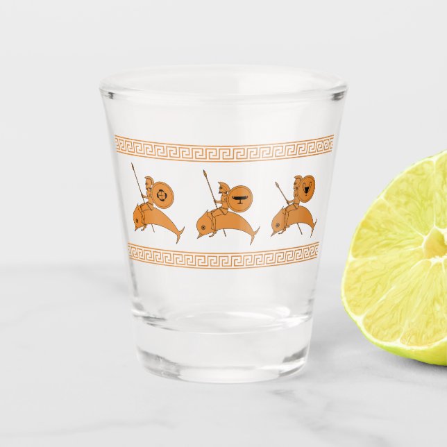 Hoplites riding Dolphins ancient Greek pottery art Shot Glass (Front)