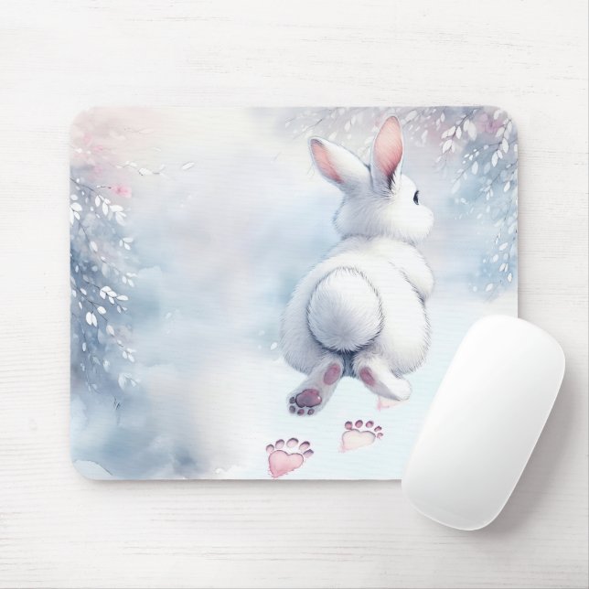 Hopping Bunny Leaving Heart Paw Prints Mouse Pad (With Mouse)