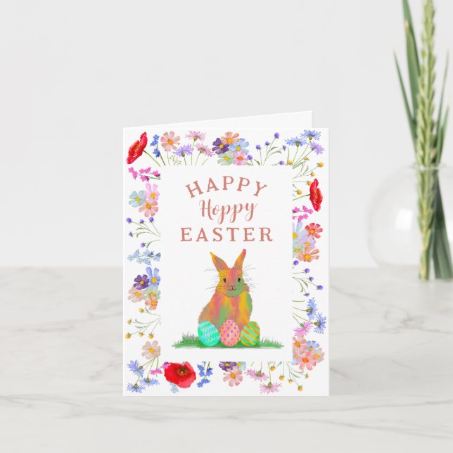 Hoppy Easter Bunny and Eggs Floral Card (Front)