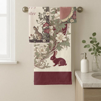 Hoppy Easter Bunny Art Nouveau Burgundy Farmhouse