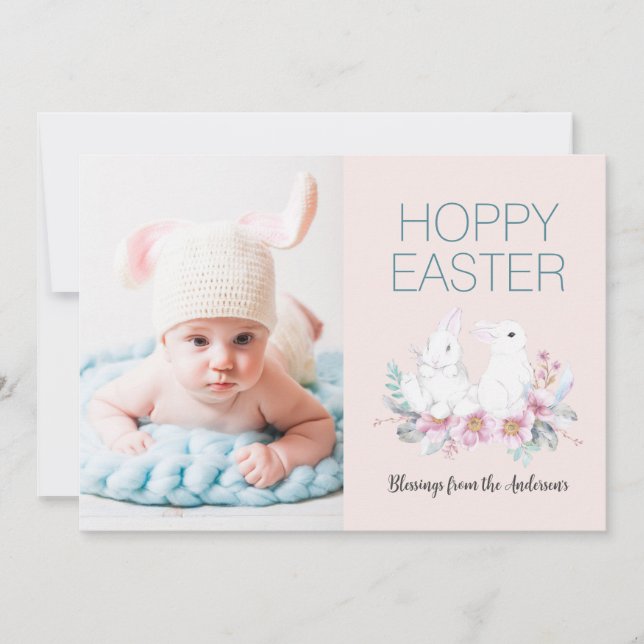 Hoppy Easter Bunny Floral Photo Holiday Card (Front)
