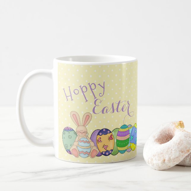 Hoppy Easter - Bunny Rabbit And Coloured Eggs  Coffee Mug (With Donut)