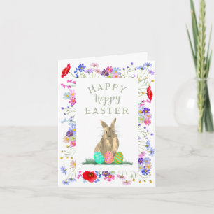 Hoppy Easter Cute Bunny and Eggs Floral Card