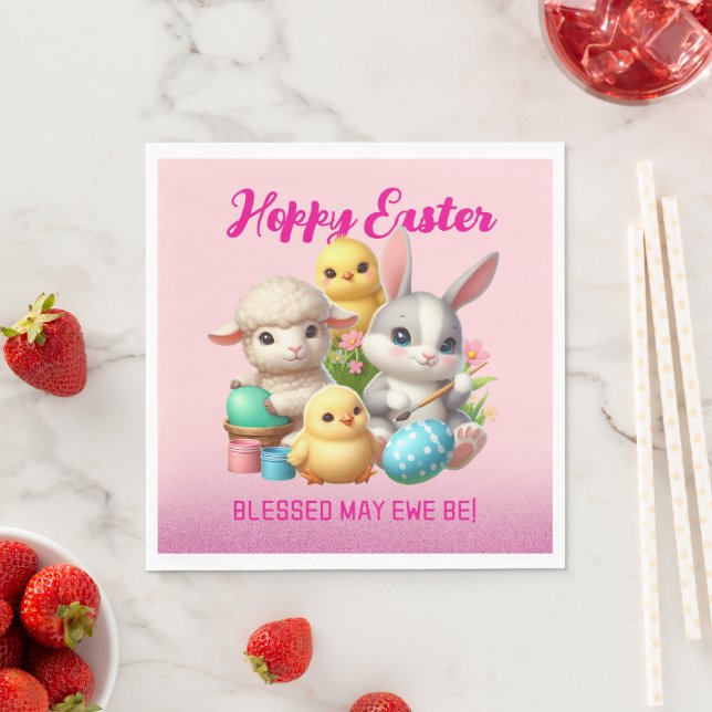 Hoppy Easter Cute Bunny Chicks Lamb Painting Eggs Napkin (Insitu)