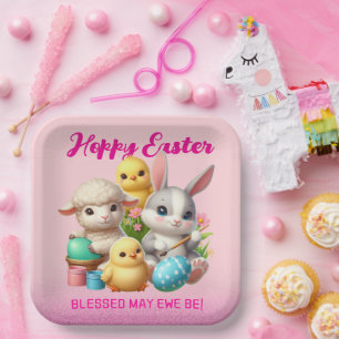 Hoppy Easter Cute Bunny Chicks Lamb Painting Eggs Paper Plate