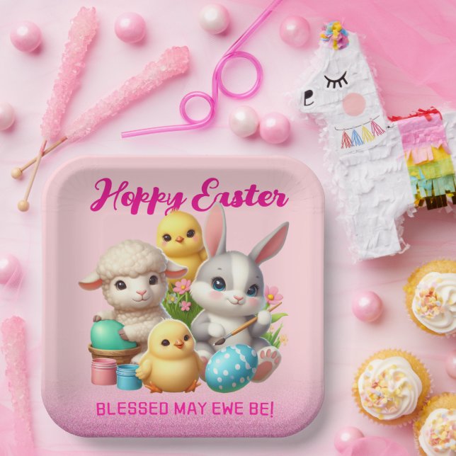 Hoppy Easter Cute Bunny Chicks Lamb Painting Eggs Paper Plate (Party)