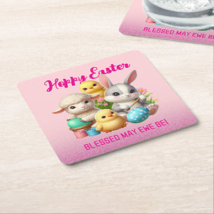 Hoppy Easter Cute Bunny Chicks Lamb Painting Eggs Square Paper Coaster
