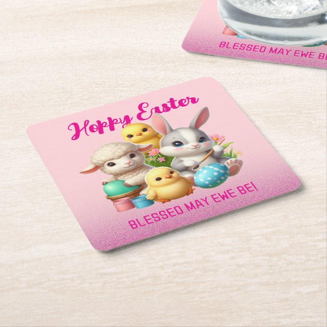 Hoppy Easter Cute Bunny Chicks Lamb Painting Eggs Square Paper Coaster (Angled)