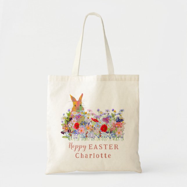 Hoppy Easter Egg Hunt Bunny Wildflowers Kids Name Tote Bag (Front)