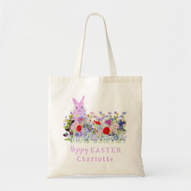 Hoppy Easter Egg Hunt Pink Bunny Wildflowers Name Tote Bag (Front)
