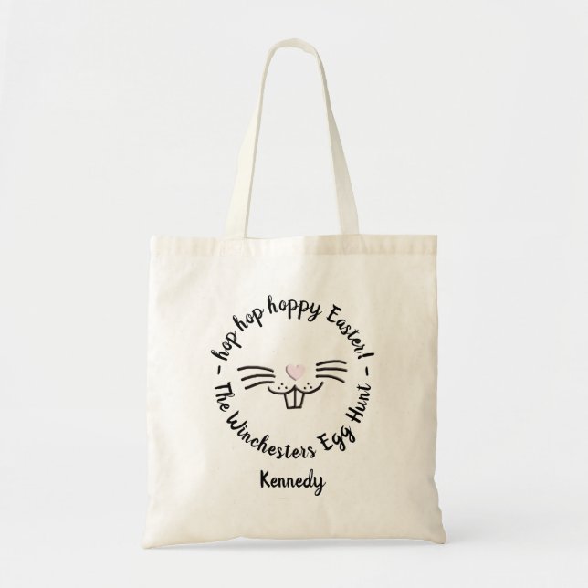 Hoppy Easter funny bunny face custom name egg hunt Tote Bag (Front)