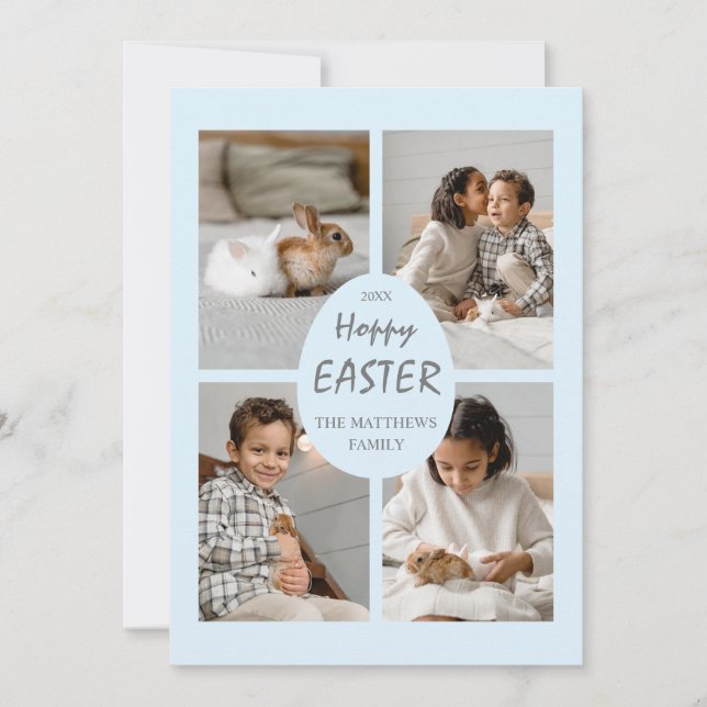 Hoppy Easter Photo Card. Light Blue Egg and Back. Holiday Card (Front)
