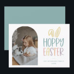 Hoppy Easter Photo Holiday Card<br><div class="desc">Hoppy Easter Photo Holiday card. Features,  pastel typography with bunny ear accent,  arched photo frame and coordinating teal backing colour.</div>