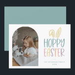 Hoppy Easter Photo Holiday Card<br><div class="desc">Hoppy Easter Photo Holiday card. Features,  pastel typography with bunny ear accent,  arched photo frame and coordinating teal backing colour.</div>