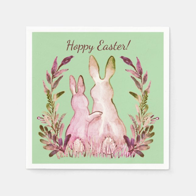 Hoppy Easter Pink Green Romantic Rabbits Vintage Napkin (Front)