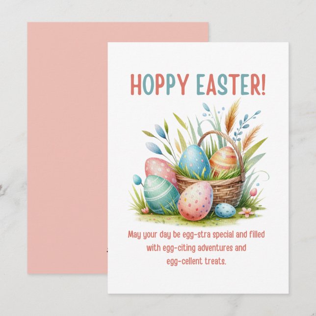 hoppy easter watercolor eggs in basket funny holiday card (Front/Back)