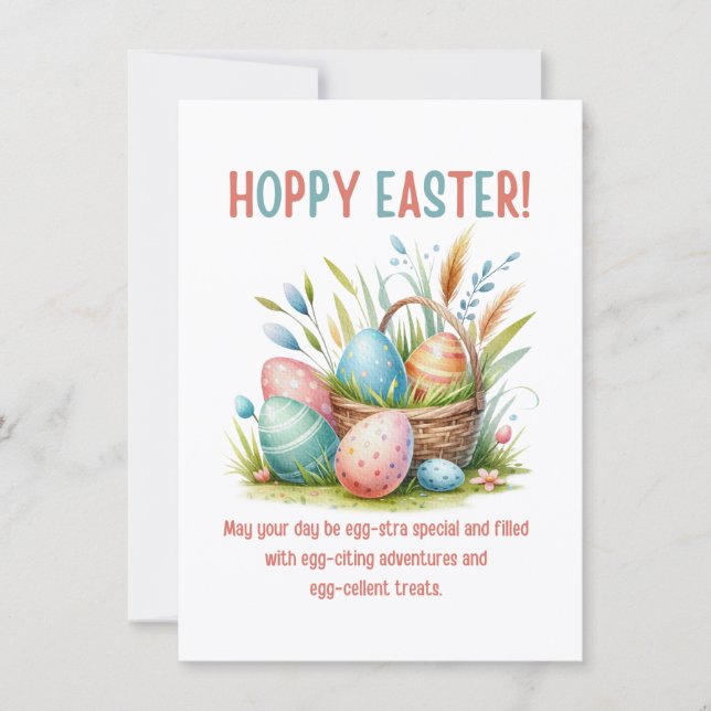 hoppy easter watercolor eggs in basket funny holiday card (Front)