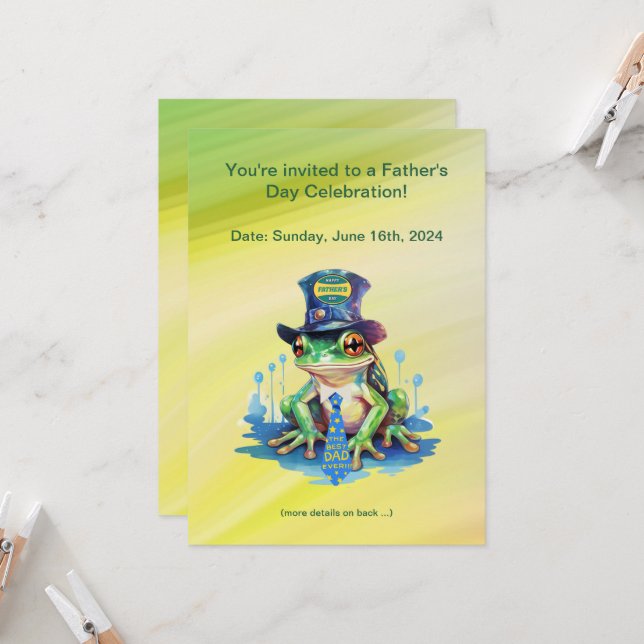"Hoppy" Father's Day Frog Top Hat and Tie Design Invitation (Front/Back In Situ)