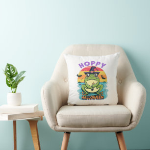Hoppy Halloween, Adorable Cute Cartoon Frog Throw Pillow