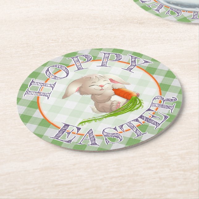 Hoppy Happy Easter Bunny Green Gingham Pattern Round Paper Coaster (Angled)