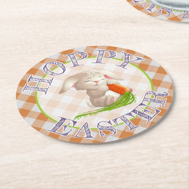 Hoppy Happy Easter Bunny Orange Gingham Pattern Round Paper Coaster (Angled)