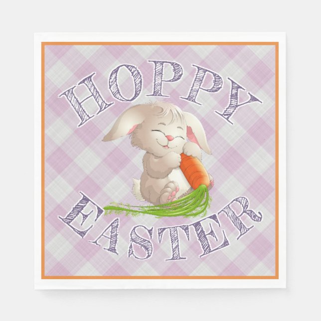 Hoppy Happy Easter Bunny Pink Gingham Pattern Napkin (Front)