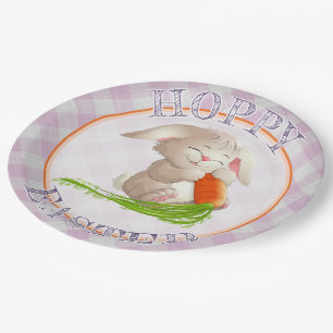 Hoppy Happy Easter Bunny Pink Gingham Pattern Paper Plate