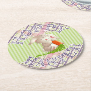Hoppy Happy Easter Bunny Stripes And Plaid Pattern Round Paper Coaster