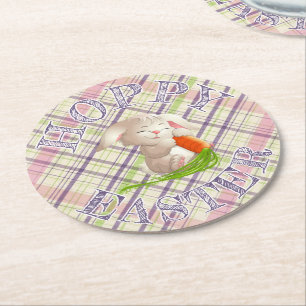 Hoppy Happy Easter Bunny Stripes And Plaid Pattern Round Paper Coaster